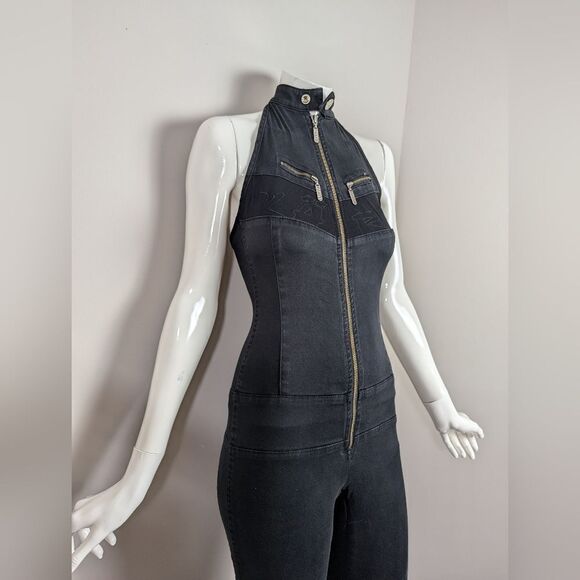 Halter neck jumpsuit, Y2K denim zip up front flared leg, karv heartbreak - Picture 2 of 9